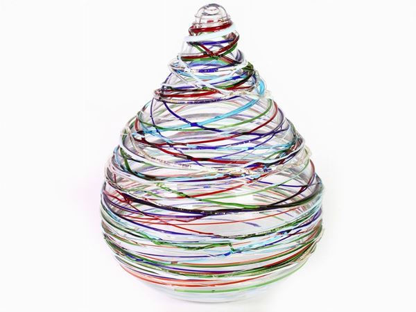 A piriform glass vase with threads applied in different colours