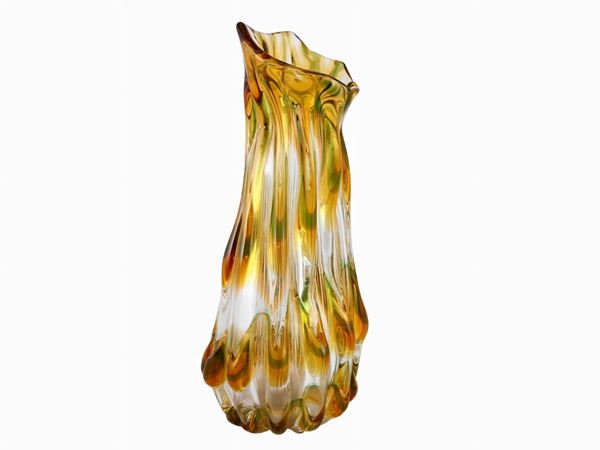 A costolato amber and green glass vase  (Murano, 1950)  - Auction Only Glass - Maison Bibelot - Casa d'Aste Firenze - Milano