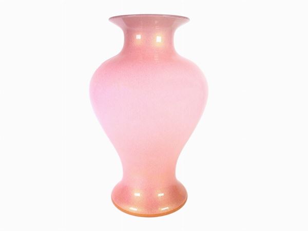A blown pale pink glass vase with gold leaf