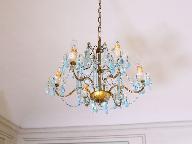 Piccolo Lampadario in Metallo Dorato e Vetro