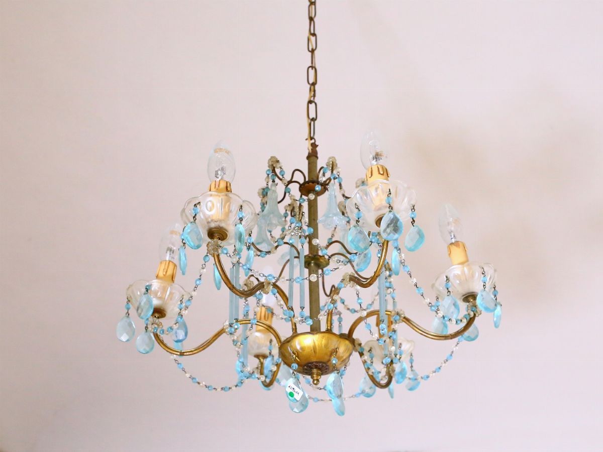 Piccolo Lampadario in Metallo Dorato e Vetro