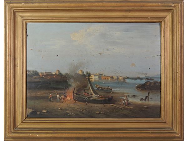 Giuseppe Gozzini - Paesaggio marino con barche e personaggi