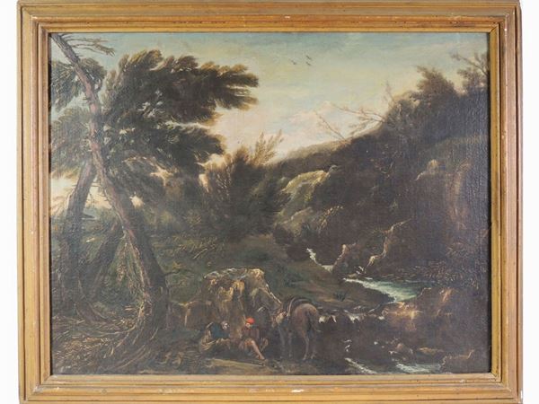 Scuola romana del XVII/XVIII secolo : River landscape with figures  - Auction Furniture, silvers, paintings and antique curiosities partly from Villa Mannelli - Maison Bibelot - Casa d'Aste Firenze - Milano