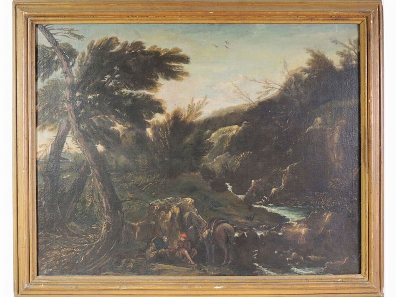Scuola Romana del XVII/XVIII Secolo - Paesaggio Fluviale con Personaggi
