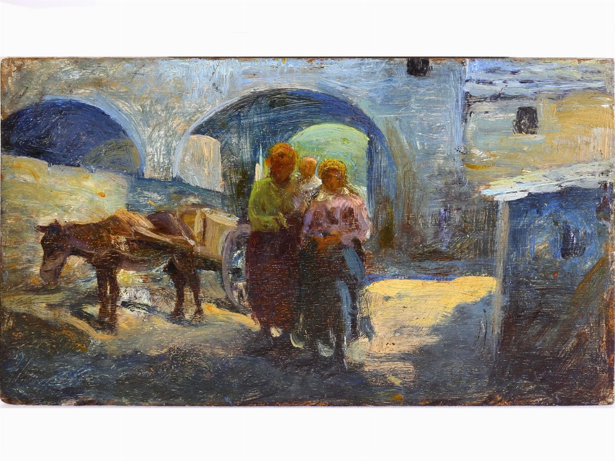 Scuola Toscana Dell'inizio del XX Secolo - Scorcio di Paese con Personaggi