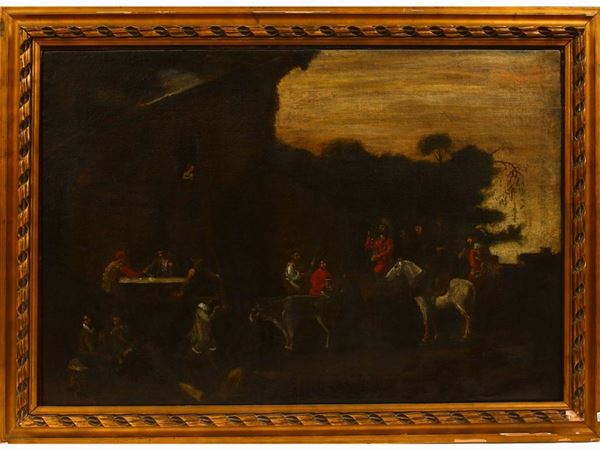 Scuola napoletana del XVII/XVIII secolo - Scena di genere con cavalieri