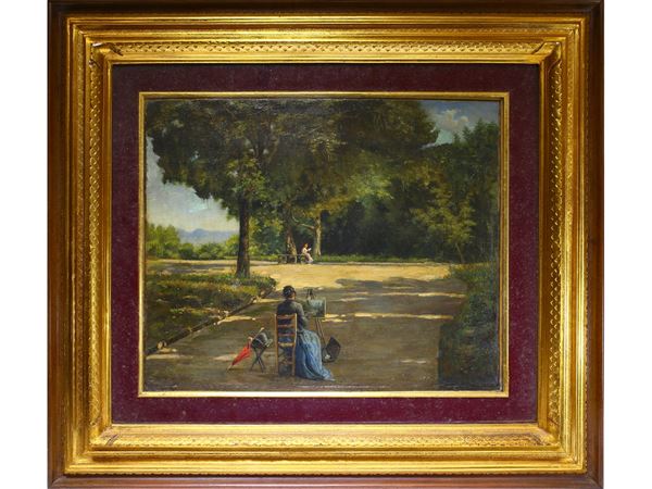 Odoardo Borrani - View of a park with painter with easel