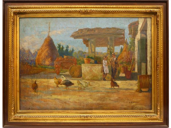 Giorgio Kienerk : View of a farmyard  ((1869-1948))  - Auction The Nineteenth Century Painting Collection of Romolo Monti. Furniture, Jewels and Curiosities from Villa Il Nirvana in Castiglioncello - Maison Bibelot - Casa d'Aste Firenze - Milano