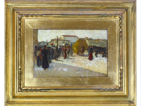 Guglielmo Micheli : View of a city with figures  ((1866-1926))  - Auction The Nineteenth Century Painting Collection of Romolo Monti. Furniture, Jewels and Curiosities from Villa Il Nirvana in Castiglioncello - Maison Bibelot - Casa d'Aste Firenze - Milano