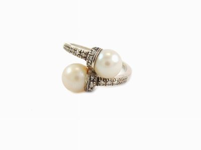 Anello Contrarié in Oro Bianco con Diamanti e Perle