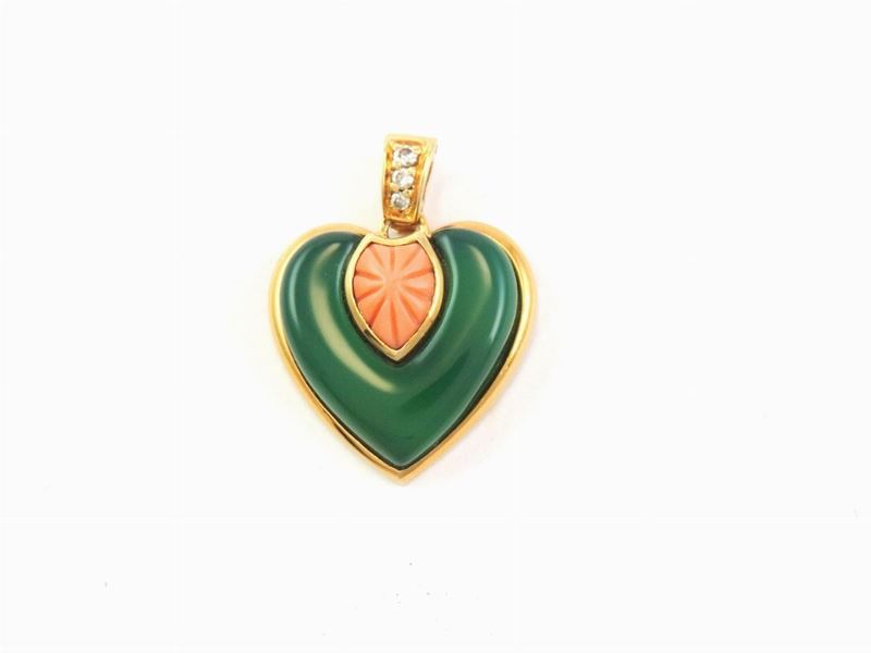 Pendente Cartier in Oro Giallo con Diamanti, Corallo Rosa e Crisoprasio