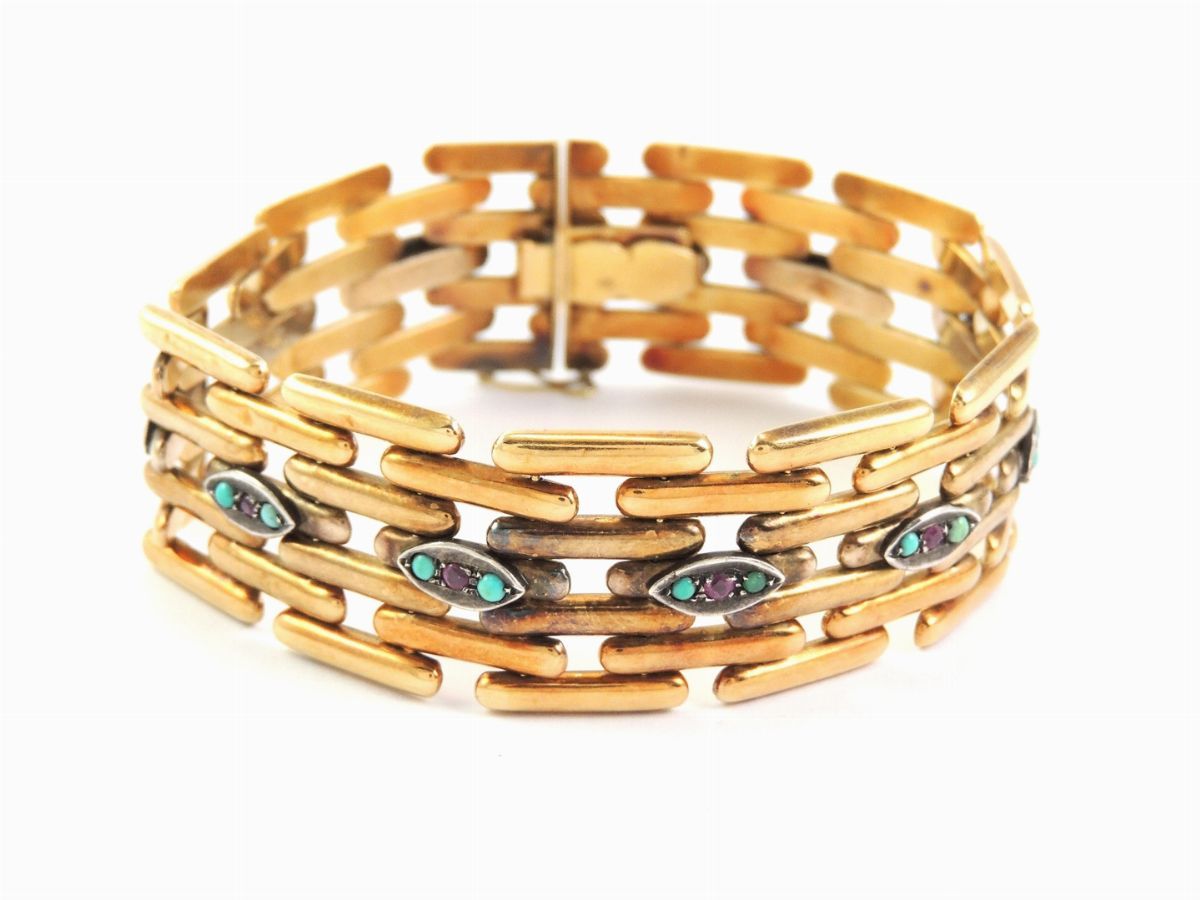 Bracciale in Oro Giallo e Argento con Piccole Gemme Semipreziose