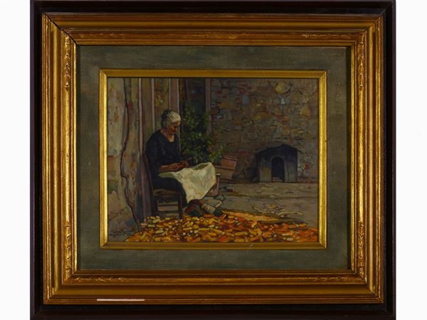 Gino Romiti : View of house with figure 1943  ((1881-1967))  - Auction A florentine collection - Maison Bibelot - Casa d'Aste Firenze - Milano