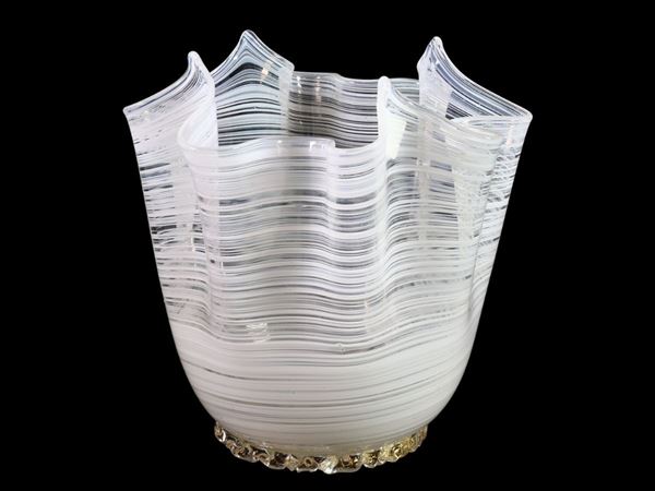 A blown handkerchief glass vase with lattimo filigree
