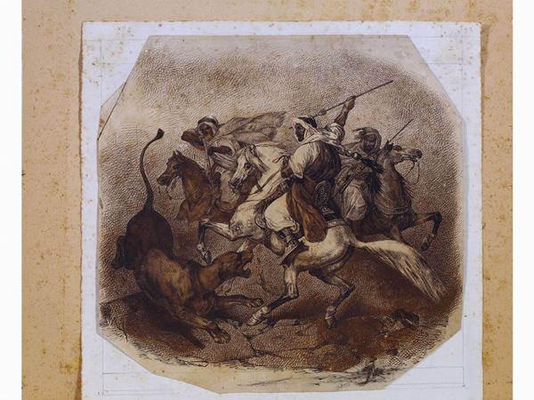 Artista francese della prima met&#224; del XIX secolo - Scena orientalista di caccia alla pantera