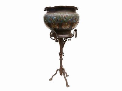 Grande Cachepot in Bronzo e Smalti Cloisonné