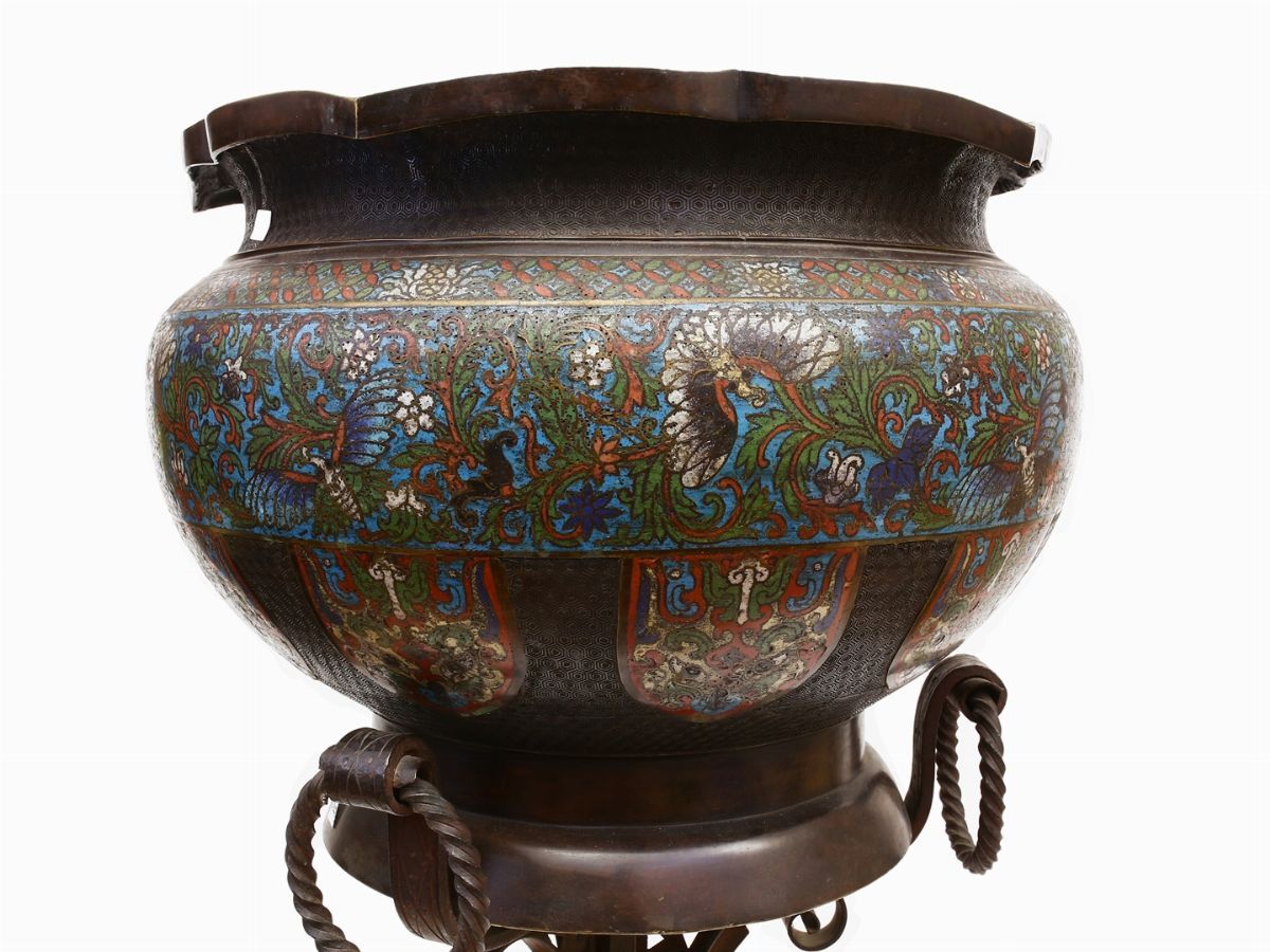 Grande Cachepot in Bronzo e Smalti Cloisonné