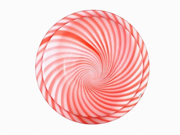 A glass iced plate with a red spiral decoration  (Murano, 20th century)  - Auction Only Glass - Maison Bibelot - Casa d'Aste Firenze - Milano
