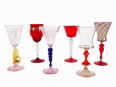 Sei Calici in Vetro Soffiato di Murano Multicolori