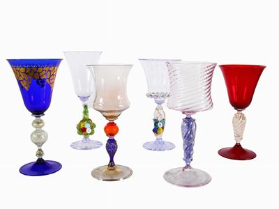 Sei Calici in Vetro Soffiato di Murano Multicolori