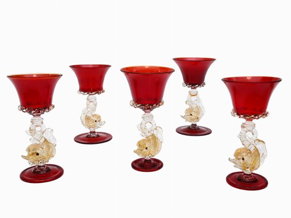 Ten Murano red and gilded blown glass