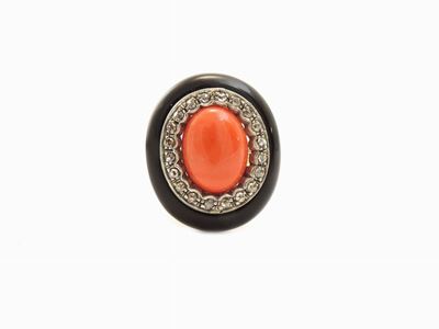 Anello in Oro Rosa 585/000 e Argento con Diamanti, Onice e Coralo Rosso Arancio