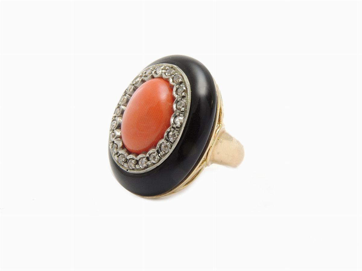 Anello in Oro Rosa 585/000 e Argento con Diamanti, Onice e Coralo Rosso Arancio