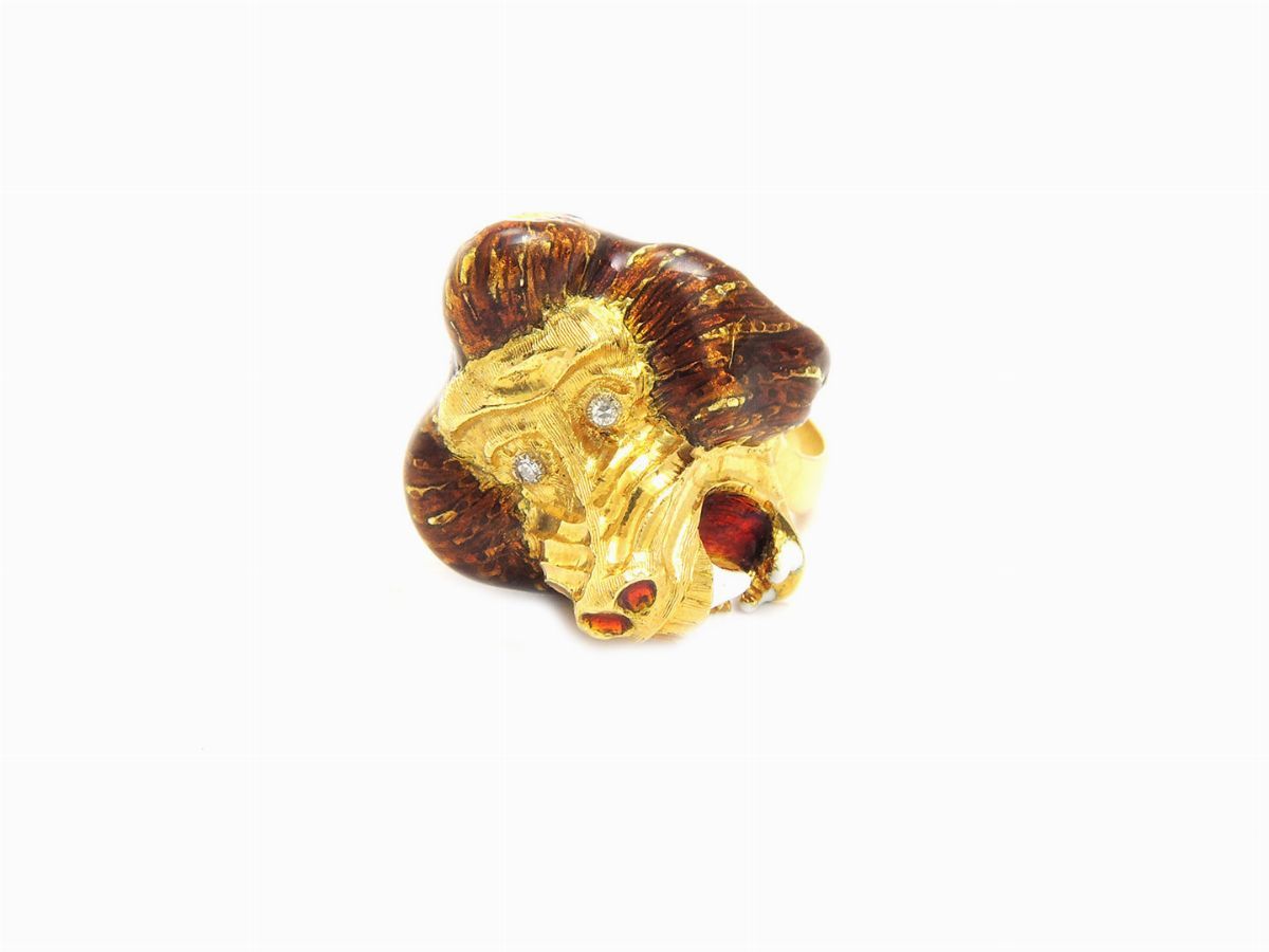Anello Animalier in Oro Giallo con Diamanti e Smalti Policromi