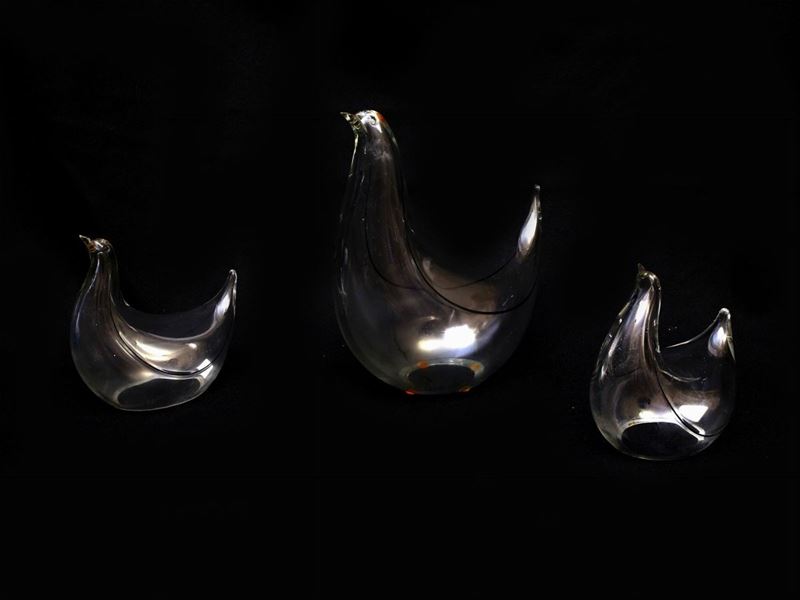 Serie di Tre Colombe in Vetro Soffiato