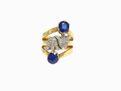 Anello in Oro Giallo con Diamanti e Zaffiri