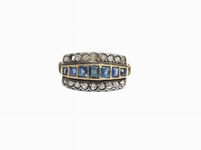 Anello in Oro Giallo e Argento con Diamanti e Zaffiri