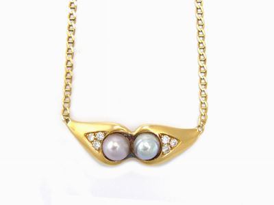 Collana in Oro Giallo con Diamanti e Perle Rosa Coltivate