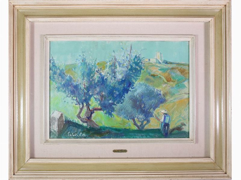 Silvio Polloni - Paesaggio Campestre con Contadino 1970