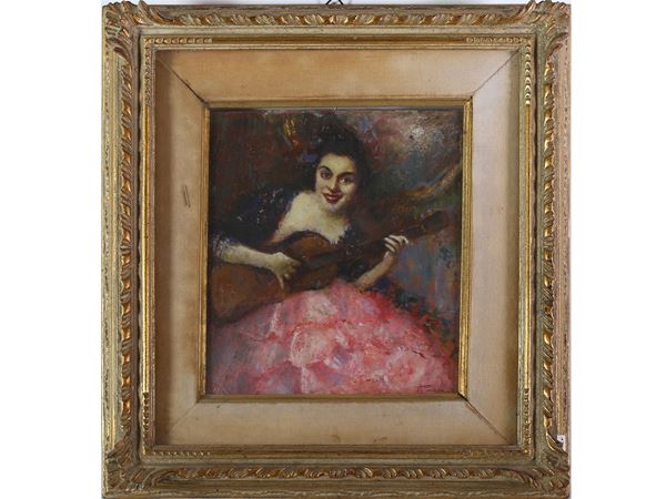 Ritratto di donna con chitarra  (inizio del XX secolo)  - Asta L'Arte di Arredare - Maison Bibelot - Casa d'Aste Firenze - Milano