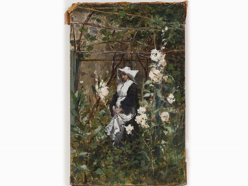Scuola Toscana della Seconda Metà del XIX Secolo - Scorcio di Giardino con Suora