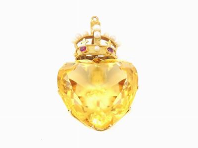 Pendente in Oro Giallo con Rubini, Perle e Quarzo Citrino