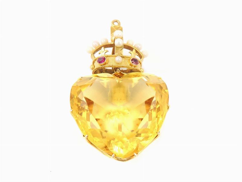 Pendente in Oro Giallo con Rubini, Perle e Quarzo Citrino