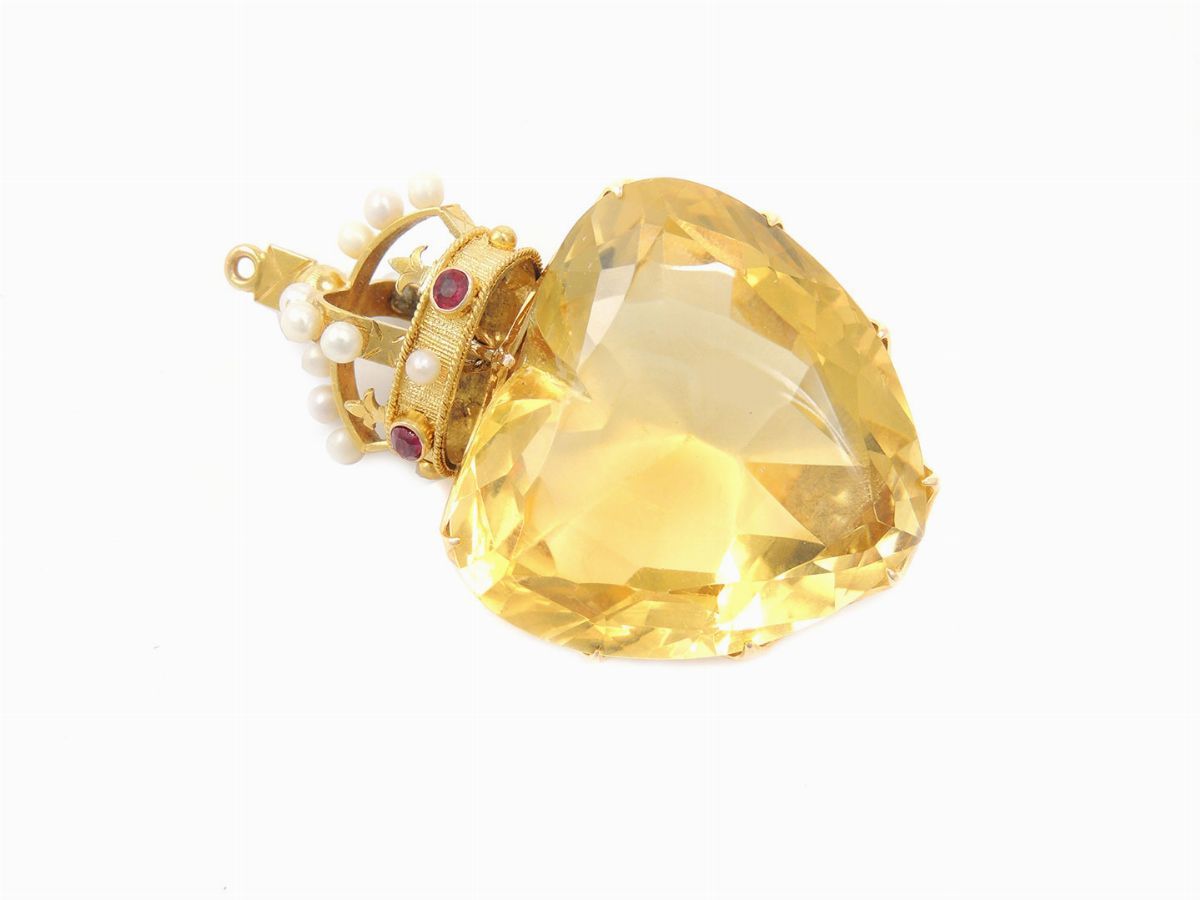 Pendente in Oro Giallo con Rubini, Perle e Quarzo Citrino