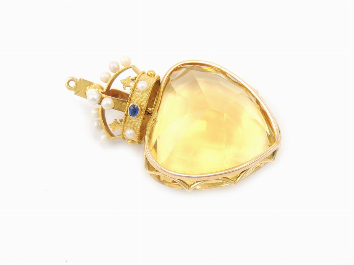 Pendente in Oro Giallo con Rubini, Perle e Quarzo Citrino