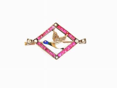 Spilla Animalier in Oro Giallo e Argento con Diamanti, Rubuini Sintetici e Smalti Policromi