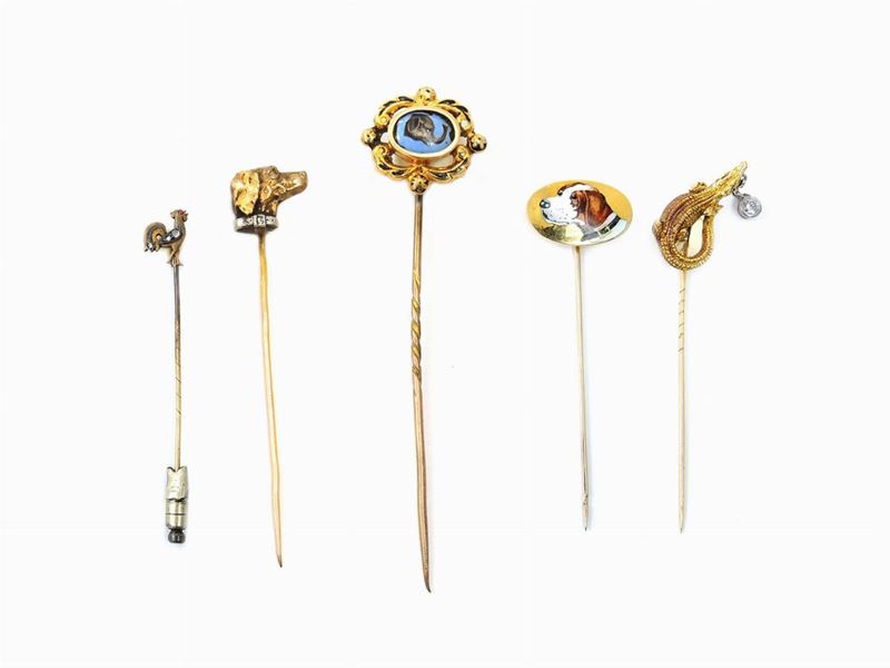 Cinque Spille Animalier in Oro Giallocon Diamanti e Smalti