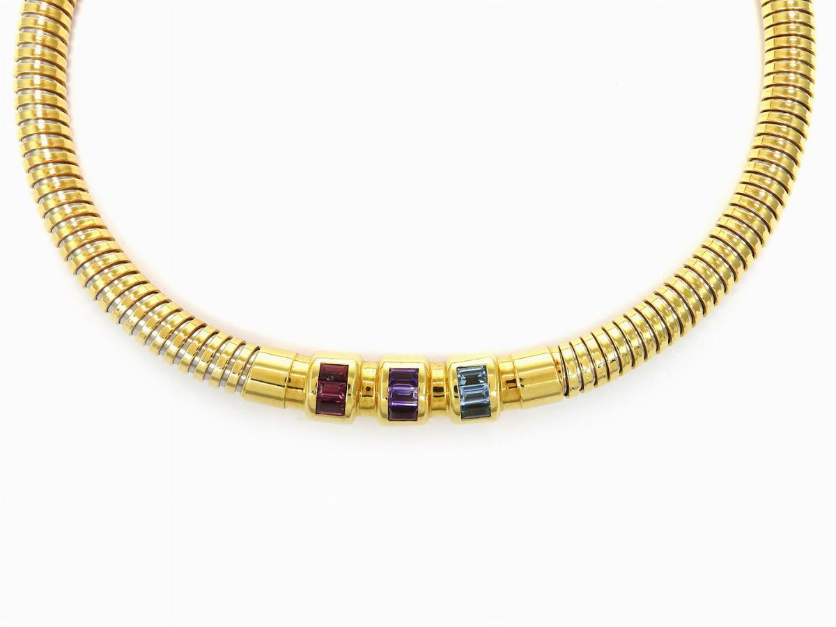 Girocollo la Nouvelle Bague Tubogas in Oro Giallo e Acciaio con Gemme Semipreziose