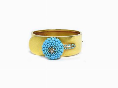 Bracciale Rigido in Oro Giallo con Diamanti e Turchresi