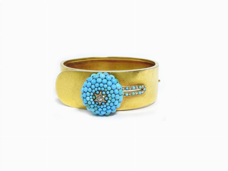 Bracciale Rigido in Oro Giallo con Diamanti e Turchresi
