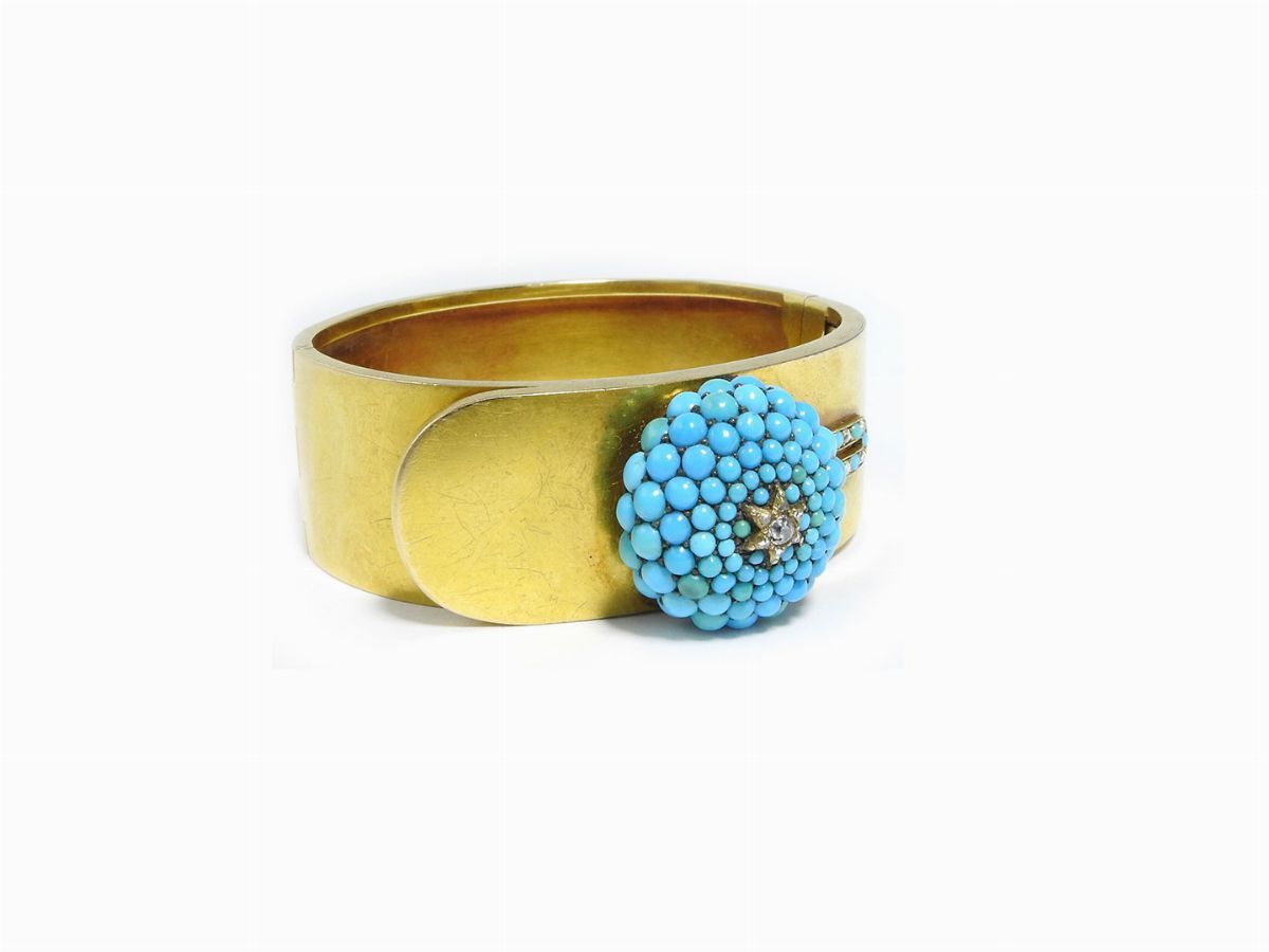 Bracciale Rigido in Oro Giallo con Diamanti e Turchresi