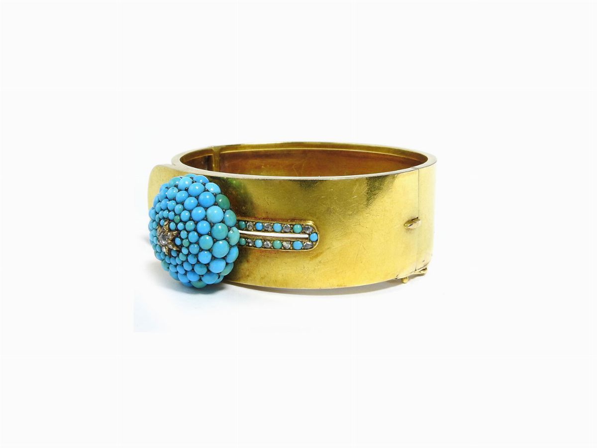 Bracciale Rigido in Oro Giallo con Diamanti e Turchresi