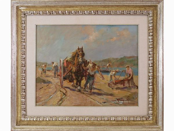 Ovidio Gragnoli : River landscape with carriage and workers  ((1893-1953))  - Auction Modern and Contemporary Art - Maison Bibelot - Casa d'Aste Firenze - Milano