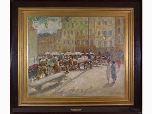 Giuseppe Fraschetti : Market in the Piazza di Santo Spirito in Florence  ((1879-1956))  - Auction Modern and Contemporary Art - Maison Bibelot - Casa d'Aste Firenze - Milano