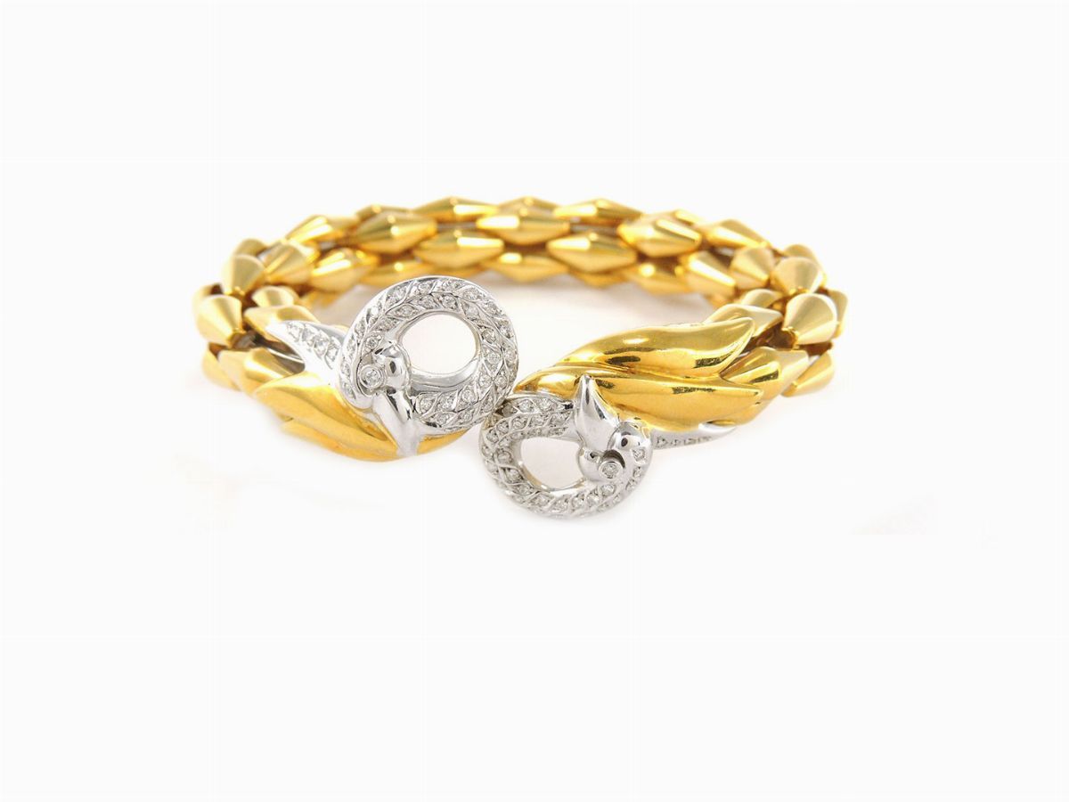 Demi Parure Collana e Bracciale Animalier "fope" in Oro Giallo e Bianco con Diamanti