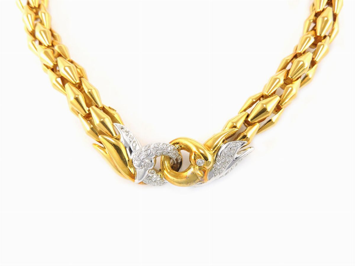 Demi Parure Collana e Bracciale Animalier "fope" in Oro Giallo e Bianco con Diamanti